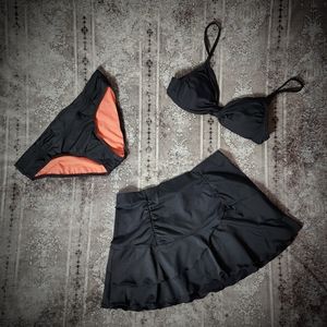 3 Piece Black Twist Top Matching Bikini and Skirt Set